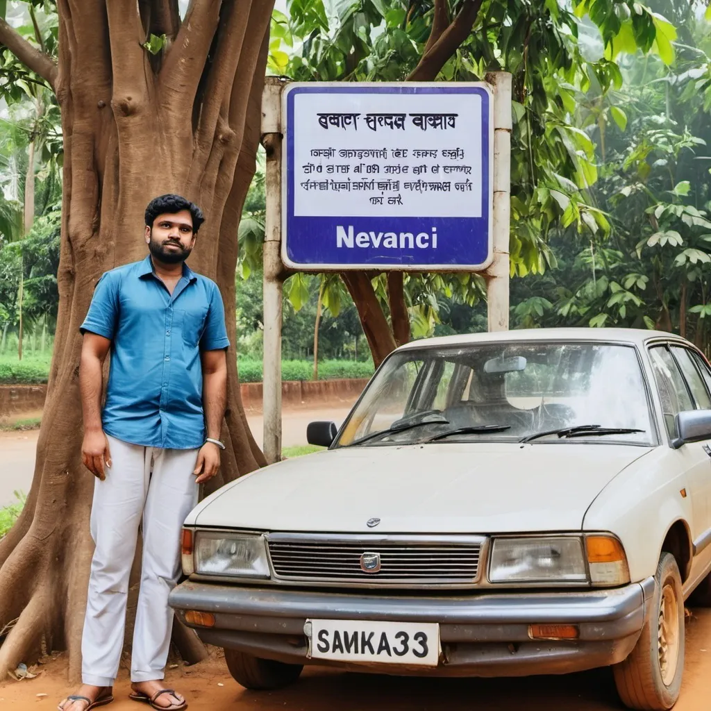 Prompt: a man standing in front of a sign with a car behind him and a tree in front of him, Bikash Bhattacharjee, samikshavad, jayison devadas, a picture