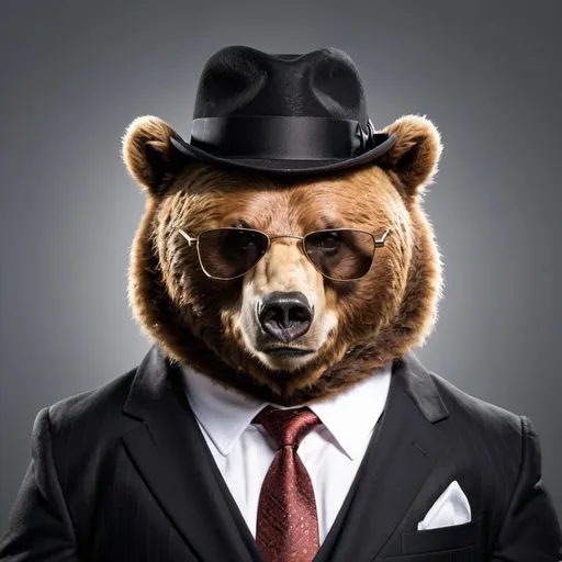 Prompt: A brown bear in a suit, black hat, headshot, fairly big body, almost mafia, sun glasses

