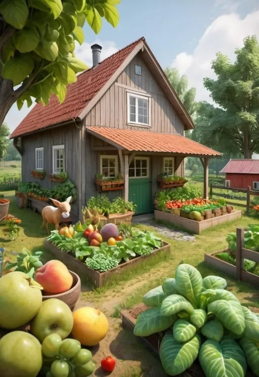 Prompt: small Farm home with frutgarden and animal
