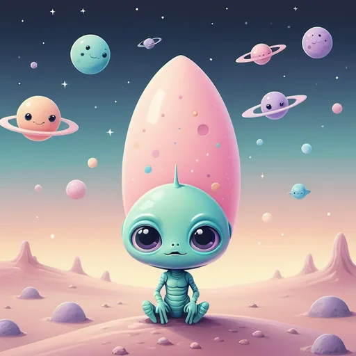 Prompt: Minimalist, high quality, children's space alien background, cute alien spaceship, pastel colors, playful, simple design, whimsical, adorable, cartoon style, soft lighting, alien planets, star-filled sky, imaginative, fun, highres, minimalistic, alien, spaceship, pastel colors, cute design, playful atmosphere, cartoon style, soft lighting