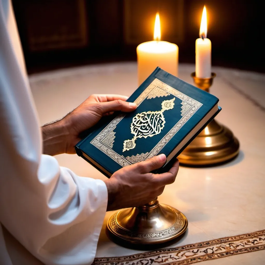 Prompt: The image of a person holding the Holy Quran in his hand to a candle holder