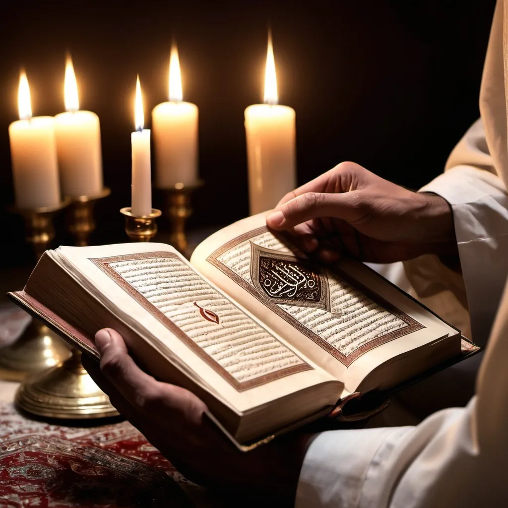 Prompt: The image of a person holding the Holy Quran in his hand to a candle holder