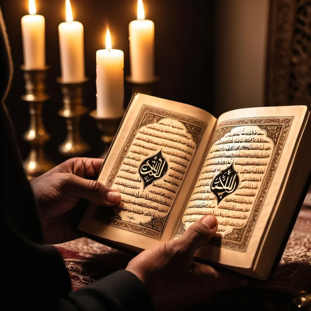 Prompt: The image of a person holding the Holy Quran in his hand to a candle holder