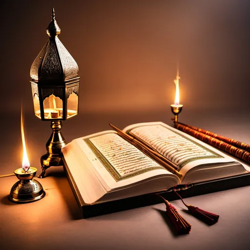 Prompt: The image of the Holy Quran with a lamp and incense stick