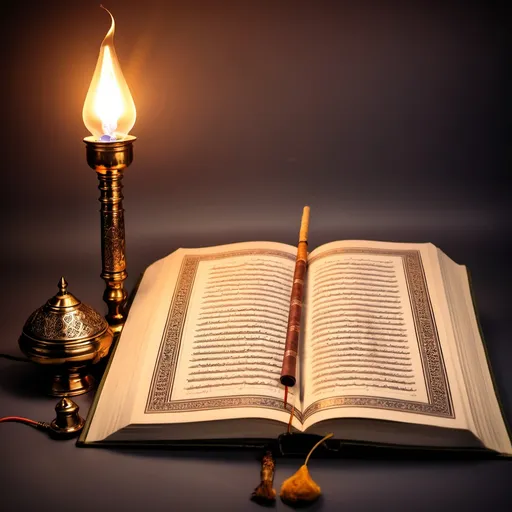 Prompt: The image of the Holy Quran with a lamp and incense stick