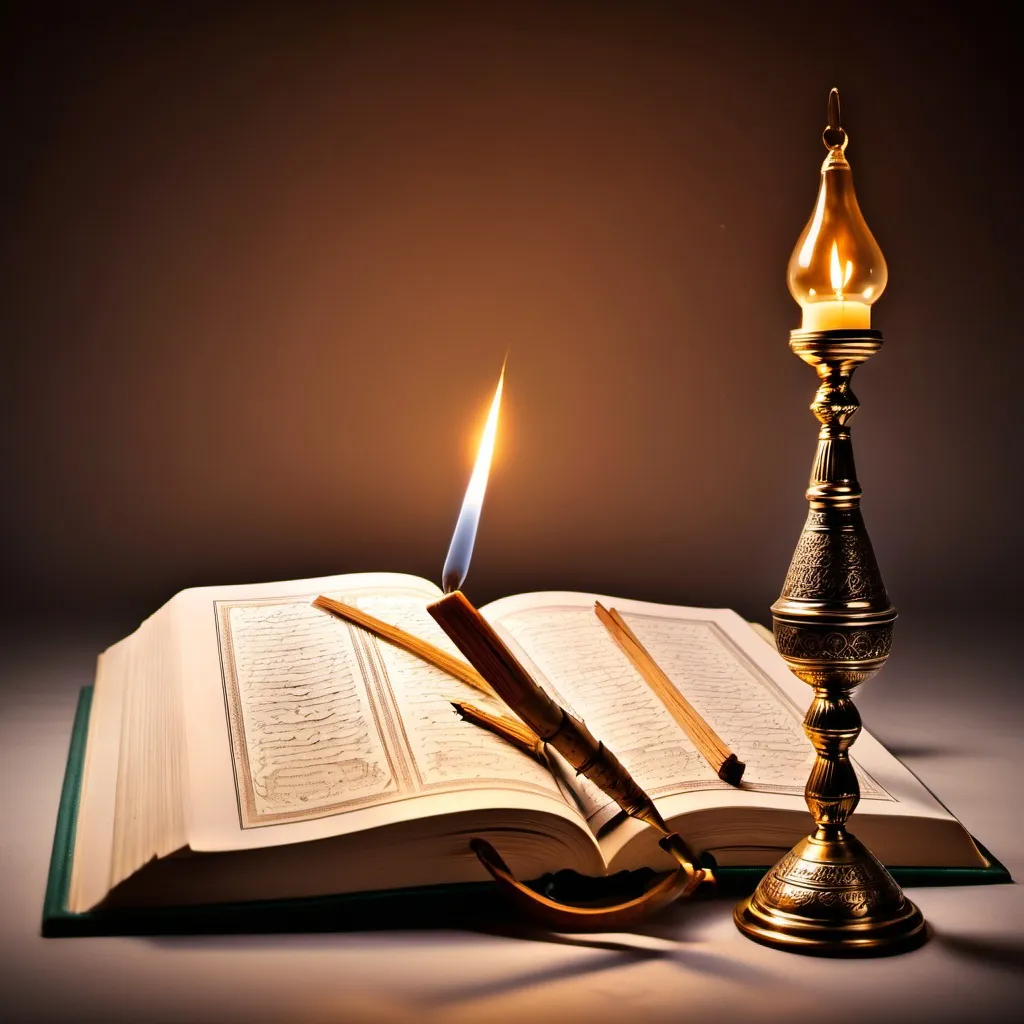 Prompt: The image of the Holy Quran with a lamp and incense stick