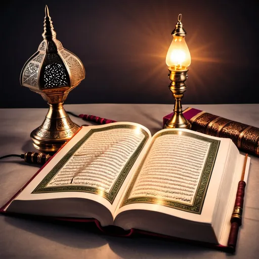 Prompt: The image of the Holy Quran with a lamp and incense stick