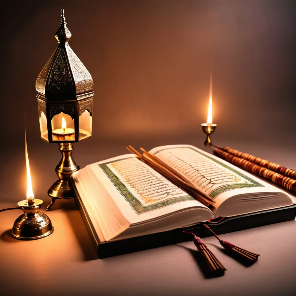 Prompt: The image of the Holy Quran with a lamp and incense stick