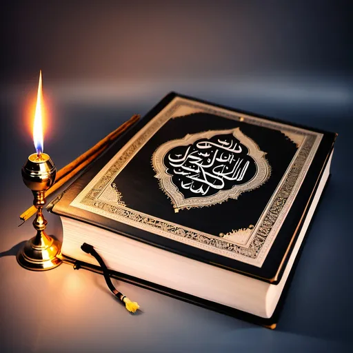 Prompt: The image of the Holy Quran with a lamp and incense stick