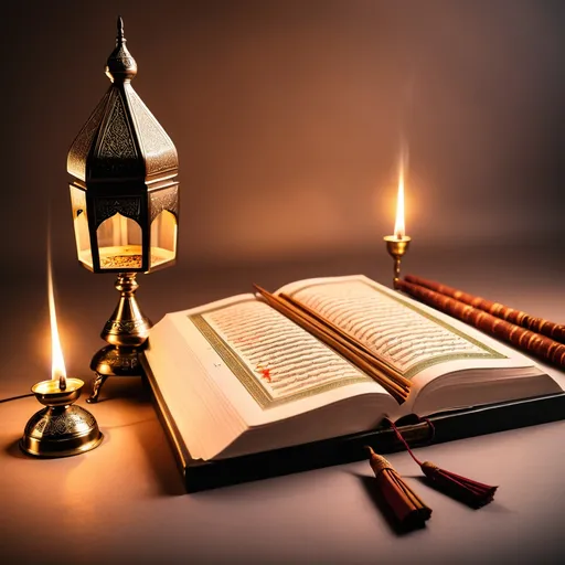 Prompt: The image of the Holy Quran with a lamp and incense stick