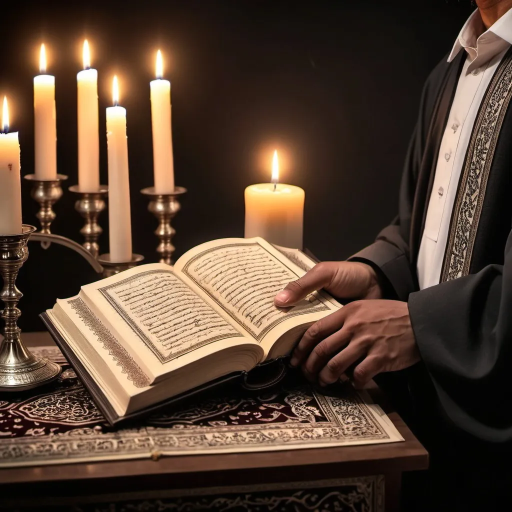 Prompt: The image of a person holding the Holy Quran in his hand to a candle holder