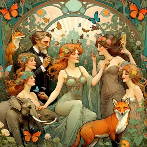 Prompt: Alphonse Mucha Style, art nouveau illustration of a party in a wild garden with many people, butterflies, one fox, one elephant, some birds, trees and flowers