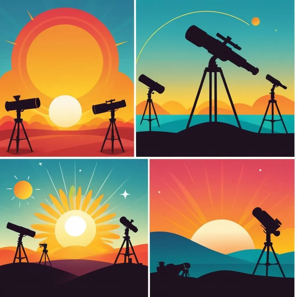 Prompt: illustrations for a book-cover,flat design,simple shapes,vector,colorful,2D,sun, sunrise,solar maximum,telescopes, Santo Domingo