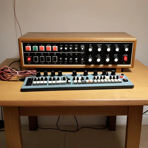 Prompt: 1979s electronics with knobs, lights and switches. Visible wires and input ports. It is sitting on an oak dining table