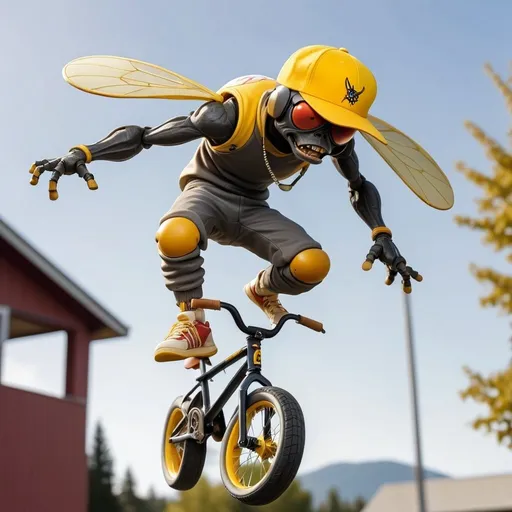 Prompt: a large fly humanoid wearing a backwards baseball cap doing a backflip on a bmx bike with yellow wheels