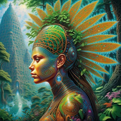 Prompt: <mymodel>A side view of a brunette goddess, head and shoulders only with an ornate crown with feathers, monstera leaves and jungle plants in the background 