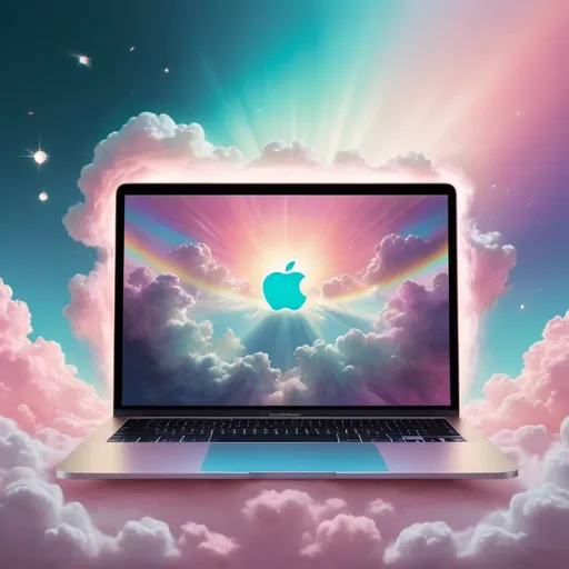 Prompt: A dramatic and surrealistic artwork of a Apple Macbook laptop shown from a 45 degree angle above, the screen is slightly open with rays of magical light coming from inside, the background is a beautiful sky with exaggerated oversize planets, stars, rainbow and fluffy clouds, the colors are dreamy pastel turquoise, pink, blue and purple.