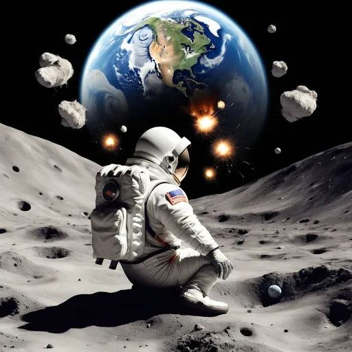 Prompt: Sad astronaut on the moon, sitting down, head down,  reaching out with hands looking at earth explode