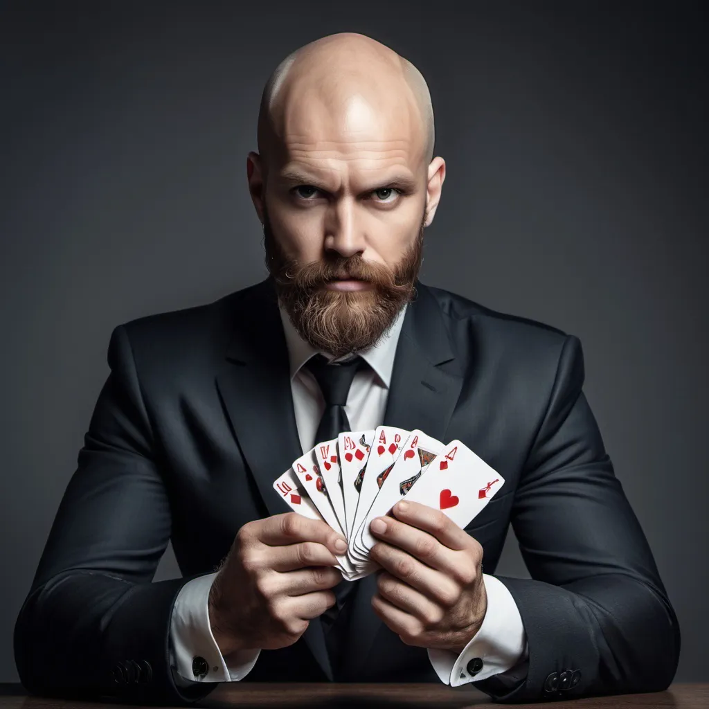 Prompt: A bearded man with bald head in a suit holding Aces in his hand, looking at you ready to expose you secrets. He is a mastermind, and can read your soul.