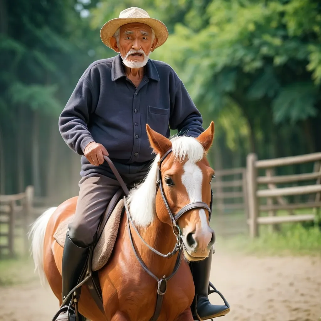 Prompt: An old man on the horse riding 