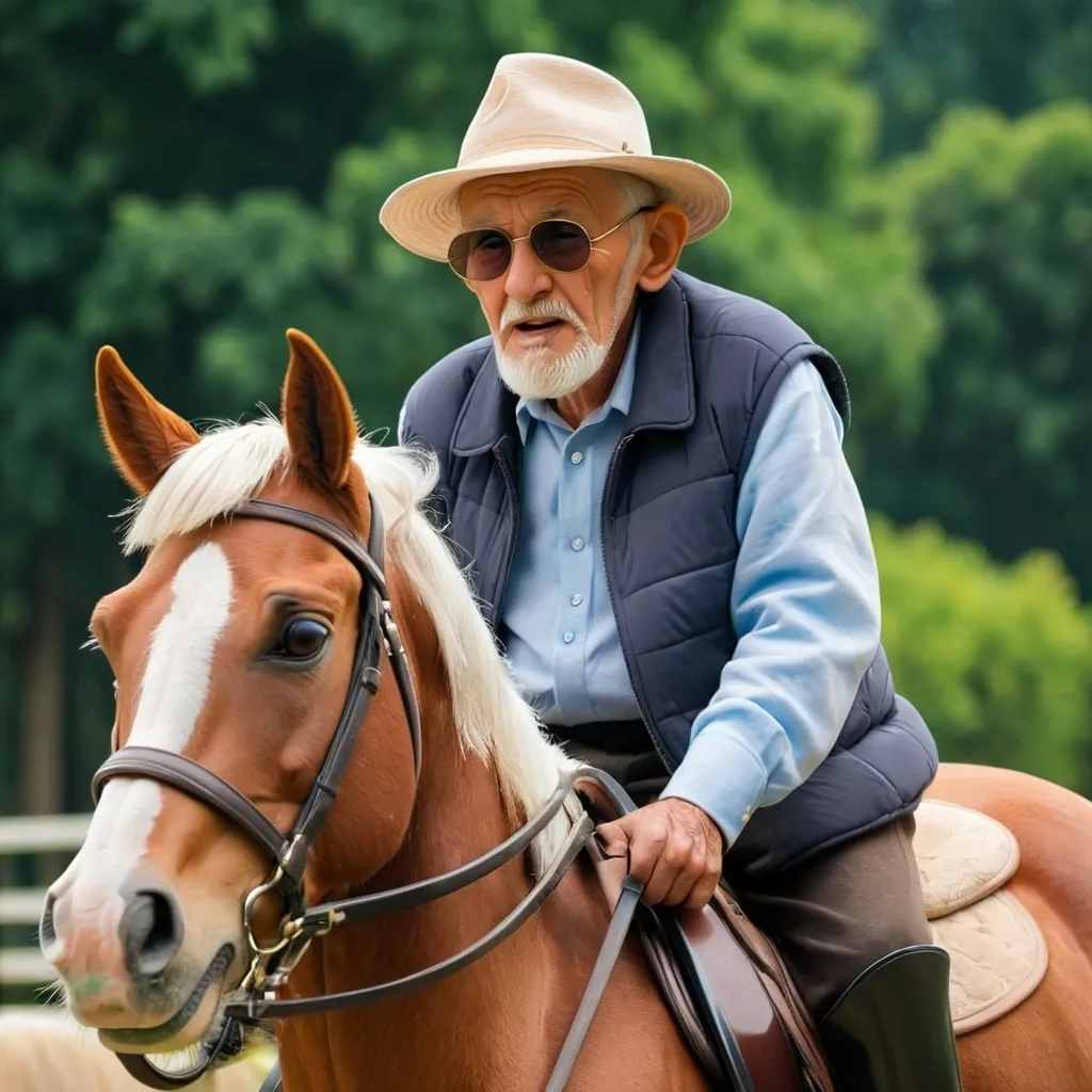 Prompt: An old man on the horse riding 