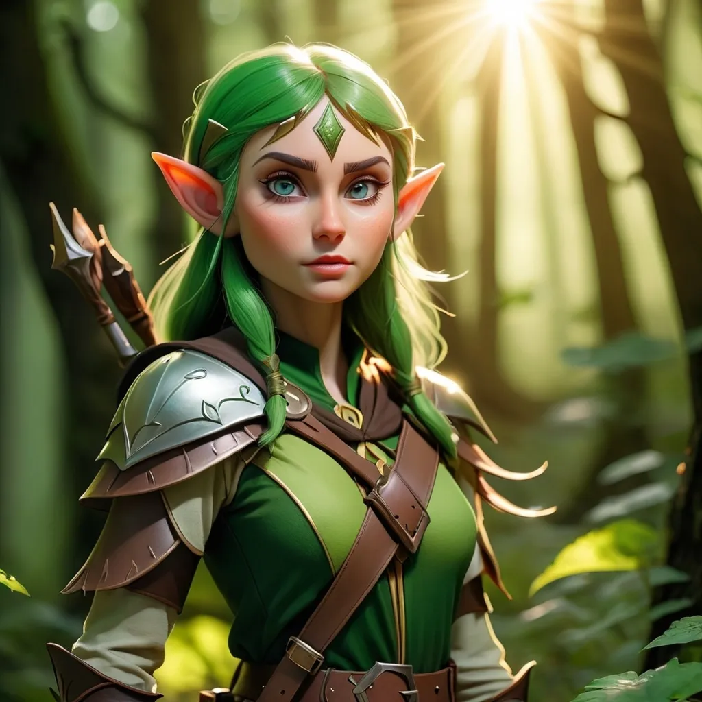 Prompt: Elf ranger in a mystical forest around sunlight