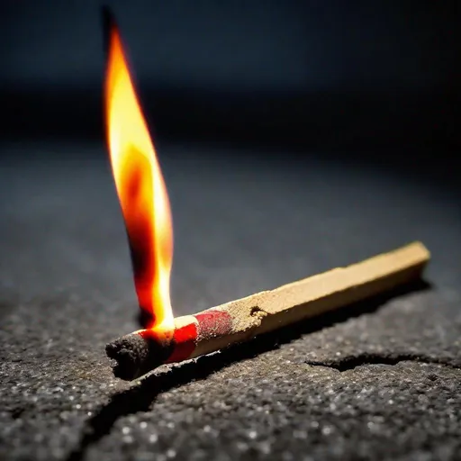 Prompt: Lit matchstick laying on concrete at night.  Matchstick is cracked and bent. The flame is burning bright where the matchstick is bent illuminating the night around it.