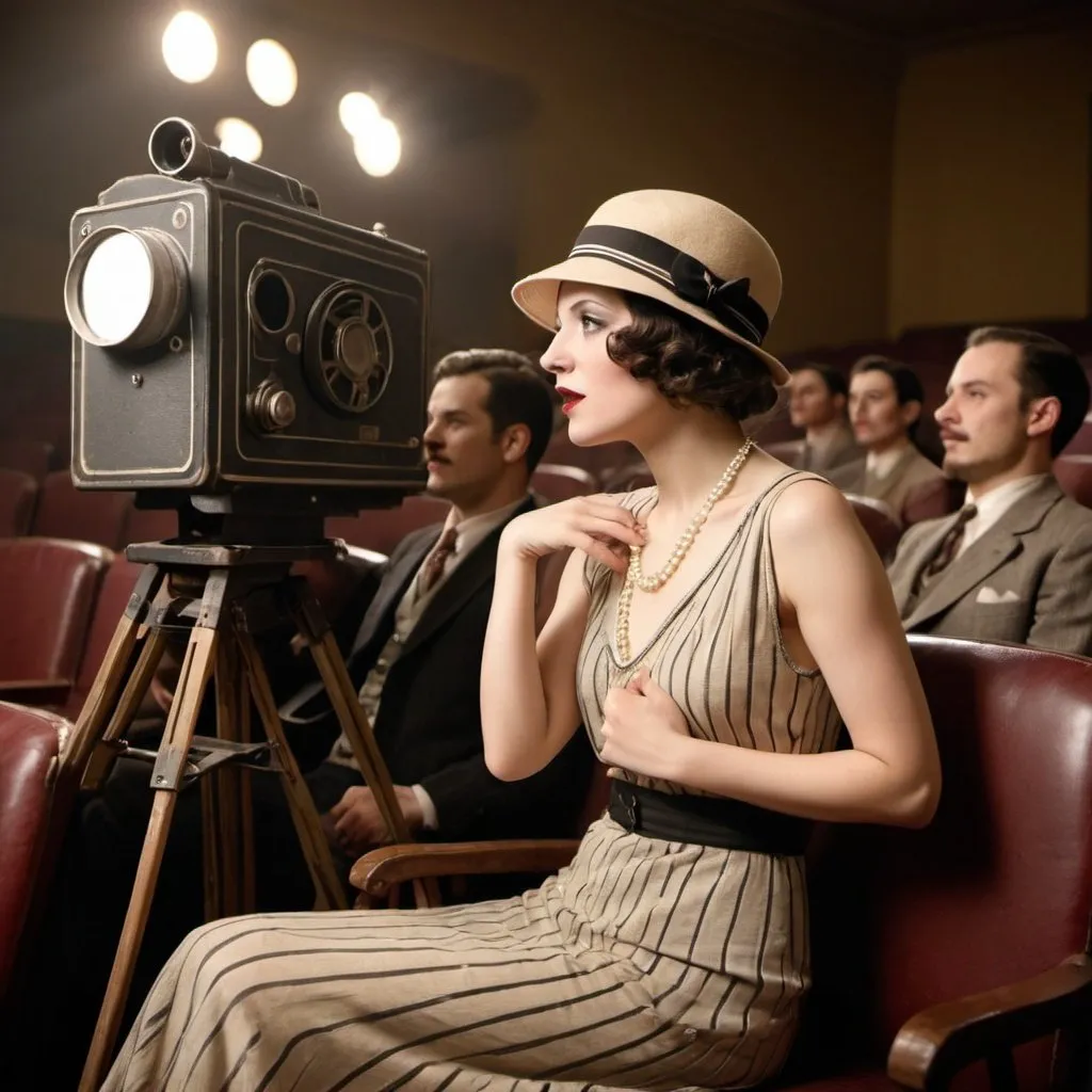 Prompt: a woman wotching movie dressed in twenties fency style