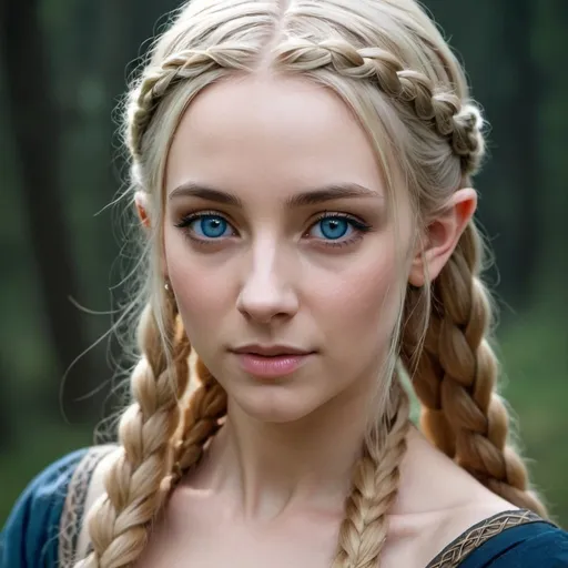 Prompt: young beautiful woman. 
fair translucent skin. blond long hair, that is braided on one side. elvish pointed ears. dark blue eyes. long canines
