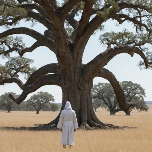 Prompt: And oak tree in an open plain with a man in white robes who's face we cannot see placing his palm on the trunk. Zoom out so we can barely see the man but the tree is the primary focus of the photo