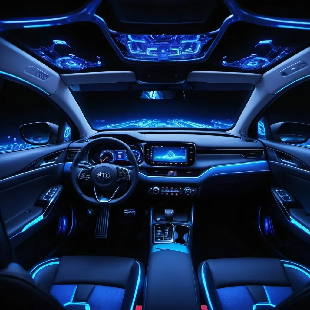 Prompt: The interior of A hybrid Chinese car with glowing indigo lights with mechanical structures that are similar to a Kia with technical futuristic aesthetics