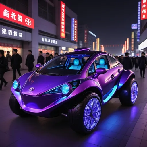 Prompt: A hybrid Chinese frog car with glowing dark purple blue lights with mechanical structures that are similar to a toyota with technical futuristic aesthetics at night in Beijing 