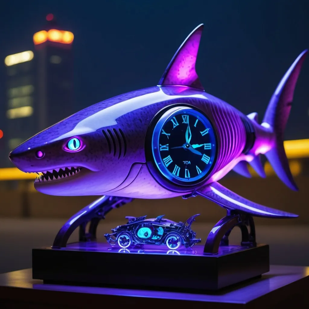 Prompt: A hybrid Chinese cat shark clock with glowing dark purple blue lights with mechanical structures that are similar to a toyota with technical futuristic aesthetics at night in Beijing 