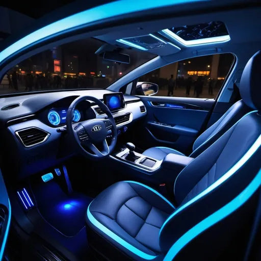 Prompt: The interior of A hybrid Chinese car with glowing indigo lights with mechanical structures that are similar to a Kia with technical futuristic aesthetics