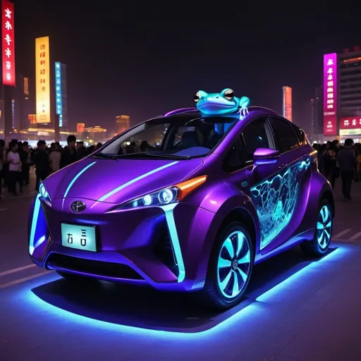 Prompt: A hybrid Chinese frog car with glowing dark purple blue lights with mechanical structures that are similar to a toyota with technical futuristic aesthetics at night in Beijing 