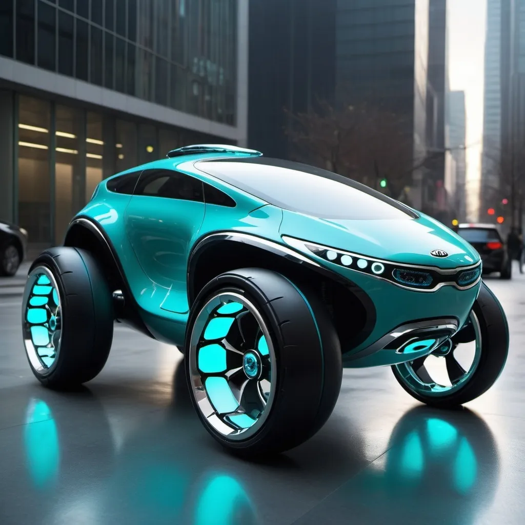 Prompt: A hybrid Chinese robotic frog dog car with cyan lights with mechanical structures that are similar to a Kia with technical futuristic aesthetics