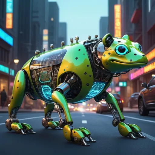 Prompt: A hybrid dog cow frog robot car