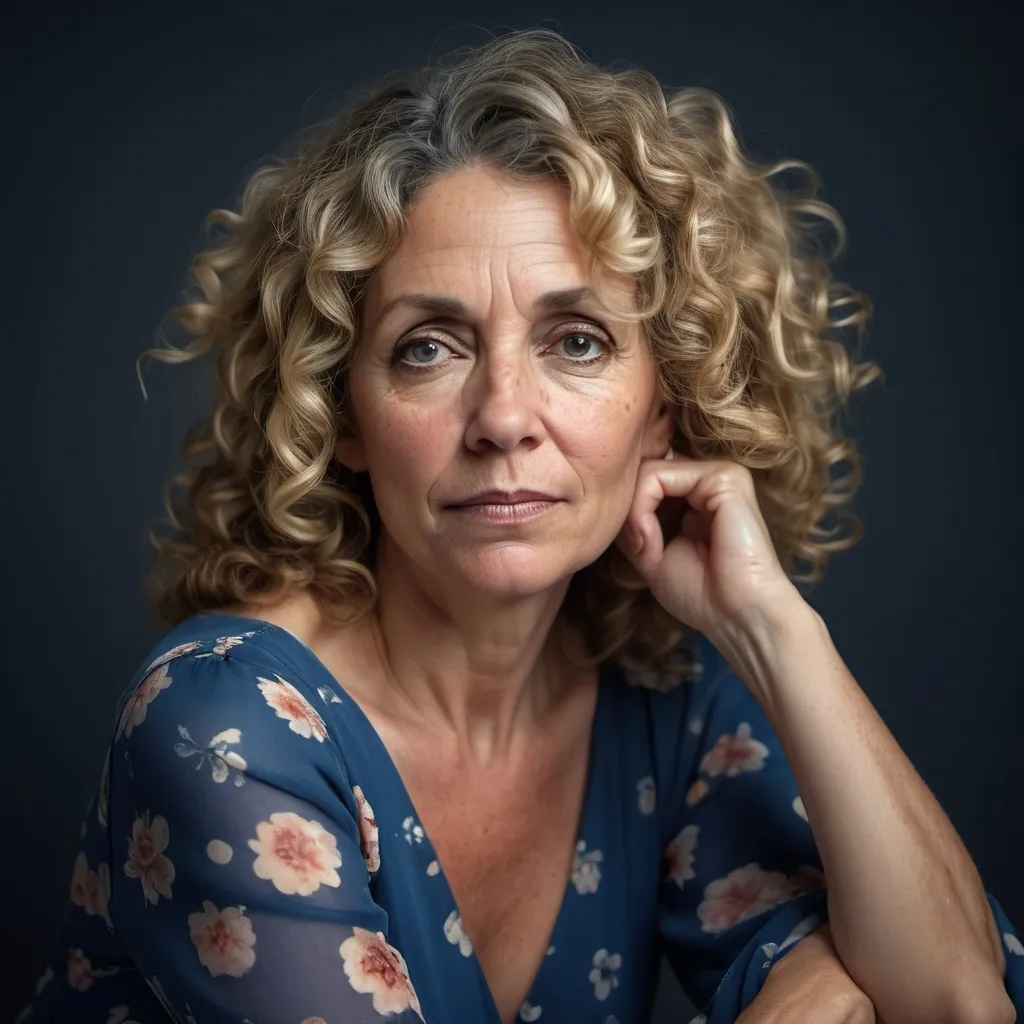 Prompt: portrait of a mature woman with curly hair.8 k, She is wearing a blue dress with a floral pattern and her hair is styled in loose curls. The woman is sitting with her chin resting on her hand and is looking off to the side with a thoughtful expression on her face. The background is dark and cloudy, with small white dots scattered throughout. The overall mood of the image is contemplative and dreamlike.