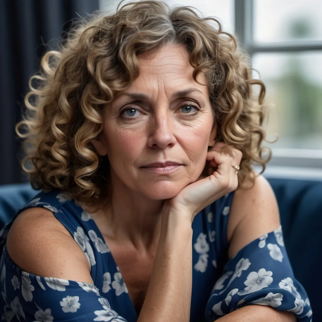 Prompt: portrait of a mature woman with curly hair.8 k, She is wearing a blue dress with a floral pattern and her hair is styled in loose curls. The woman is sitting with her chin resting on her hand and is looking off to the side with a thoughtful expression on her face. The background is dark and cloudy, with small white dots scattered throughout. The overall mood of the image is contemplative and dreamlike.