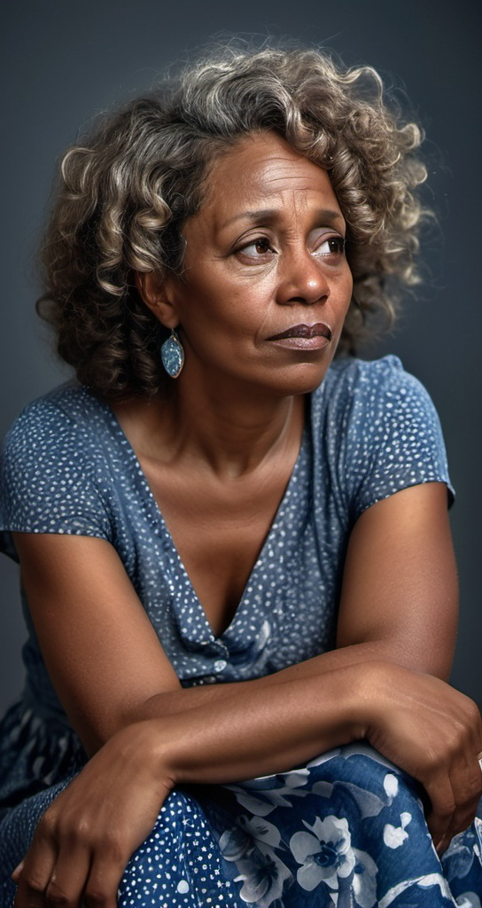 Prompt: portrait of a mature woman from Africa with curly hair. She is wearing a blue dress with a floral pattern and her hair is styled in loose curls. The woman is sitting with her chin resting on her hand and is looking off to the side with a thoughtful expression on her face. The background is dark and cloudy, with small white dots scattered throughout. The overall mood of the image is contemplative and dreamlike.