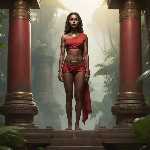 Prompt: 2D digital art of a beautiful brown-skinned woman, standing on top of a plinth in a jungle temple, blank expression, arms at side, temple setting, detailed physique with subtle fragility, red loincloth, serene lighting, high quality, temple, detailed physique, brown skin, serene, digital art, subtle fragility, blank expression, red loincloth 