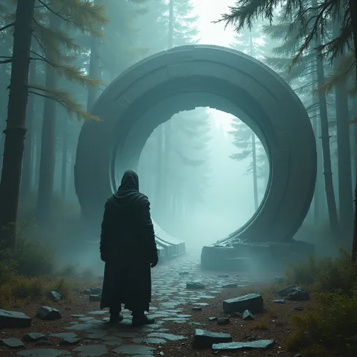 Prompt: Futuristic portal in forest, tall Assassin’s creed type man dressed in long robe covering feet facing it from a distance, dystopian cyberpunk world, hazy aura, ominous, broken ancient buildings pieces scattered—aspect 9:16