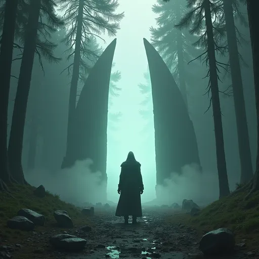 Prompt: Futuristic portal in forest, tall Assassin’s creed type man dressed in long robe covering feet facing it from a distance, dystopian cyberpunk world, hazy aura, ominous, broken ancient buildings pieces scattered—aspect 9:16