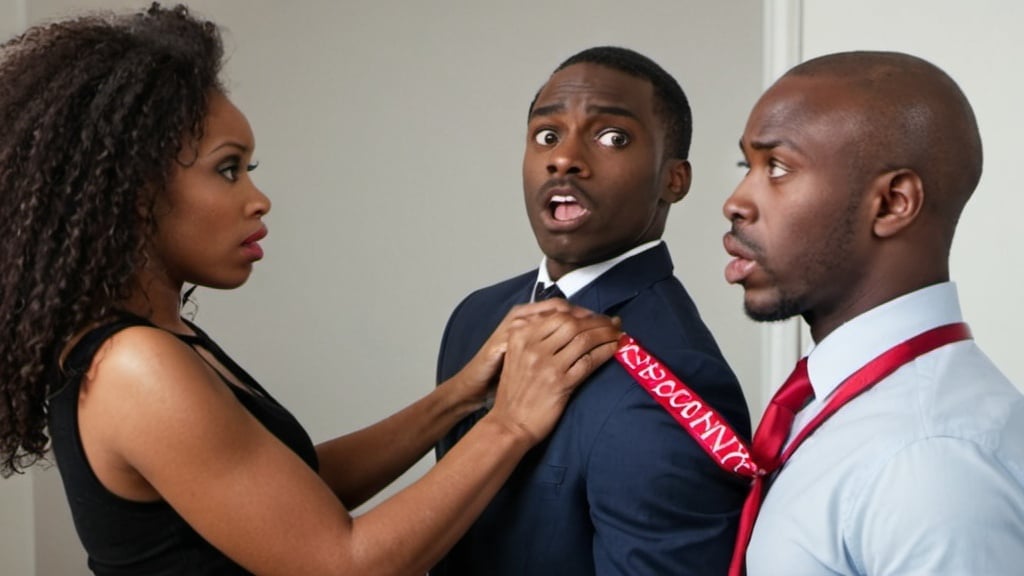 Prompt: a black man  refusing advances from a black, pretty woman. WOMAN holding tight and tie and man shocked and refusing
