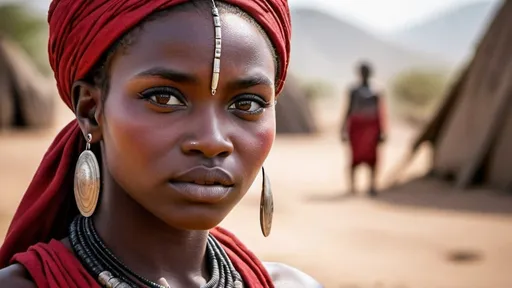 Prompt: attractive dark skin warrior women, tribe from africa, red cloth clothing with beads, peircing eyes, national geographic cover, styled after afgan girl - serious and somber look with a stone cold stare directly at focal point, realistic living with dirt, beauty and conflict --ar 9:16 --c 2 --v 6.0