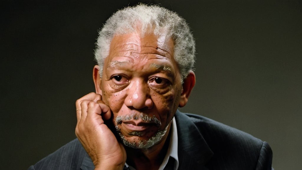 Prompt: old morgan freeman facing sideways. hand on his chin like he is deep in thoughts. hand on chin and he is facing down
