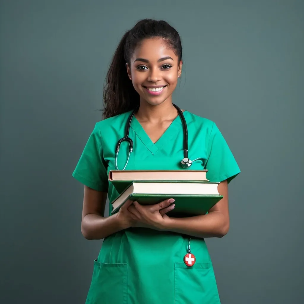 Prompt: student nurse in green holding books happy. no backgroung on the image