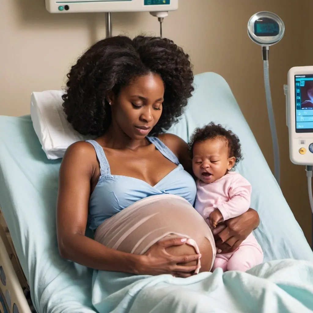Prompt: a picture of a beautiful black woman giving birth a soul entering her stomach and a baby coming out of her. she has cloths on in a hospital bed