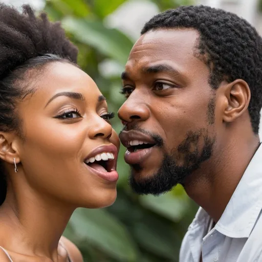 Prompt: black woman touching a white mans chin and the man is going crazy from the touch, both happy afrodiziack