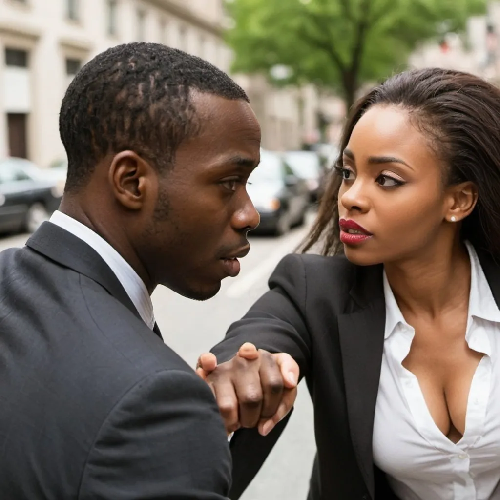 Prompt: a black man  refusing advances from a black pretty woman
